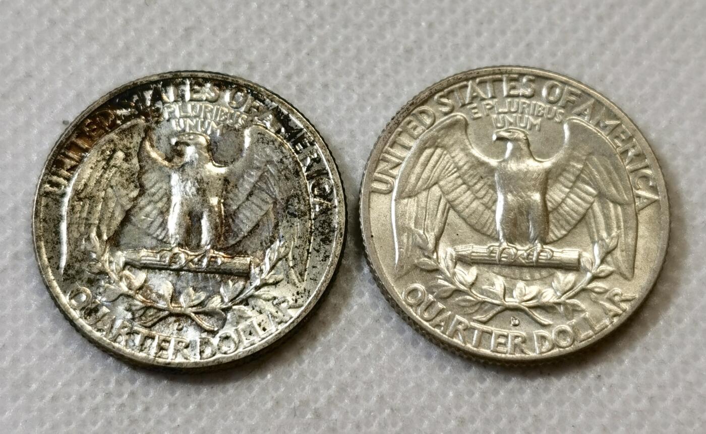 甄臻铺-世界币章拍卖（第45期）精品场拍品征集中，送拍享返佣金等优惠多多 UNC美国1963、64年华盛顿25分银币2枚原光 12.5克 含银90% 纯银价170多，细节见图