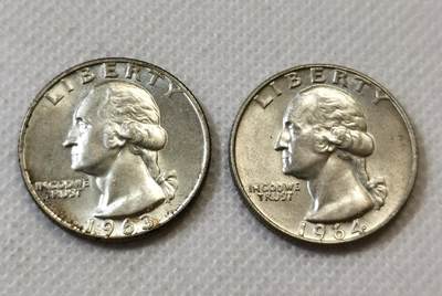 甄臻铺-世界币章拍卖（第45期）精品场拍品征集中，送拍享返佣金等优惠多多 - UNC美国1963、64年华盛顿25分银币2枚原光 12.5克 含银90% 纯银价170多，细节见图