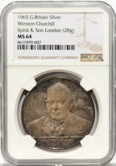 博洋堂世界钱币拍卖第154期（全场包邮） - NGC MS64 英国1965年丘吉尔逝世纪念银章，极美紫罗兰包浆，底板镜面般光泽。