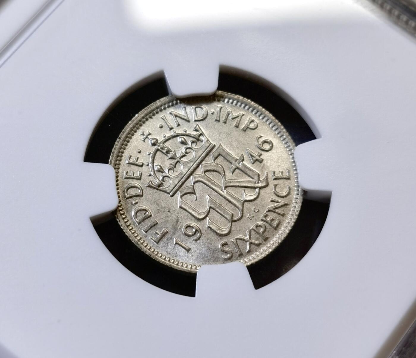 甄臻铺-世界币章拍卖（第45期）精品场拍品征集中，送拍享返佣金等优惠多多 NGC-MS63 英国1946乔治六世六便士银币，经典爱情幸运币，BU状态品相好