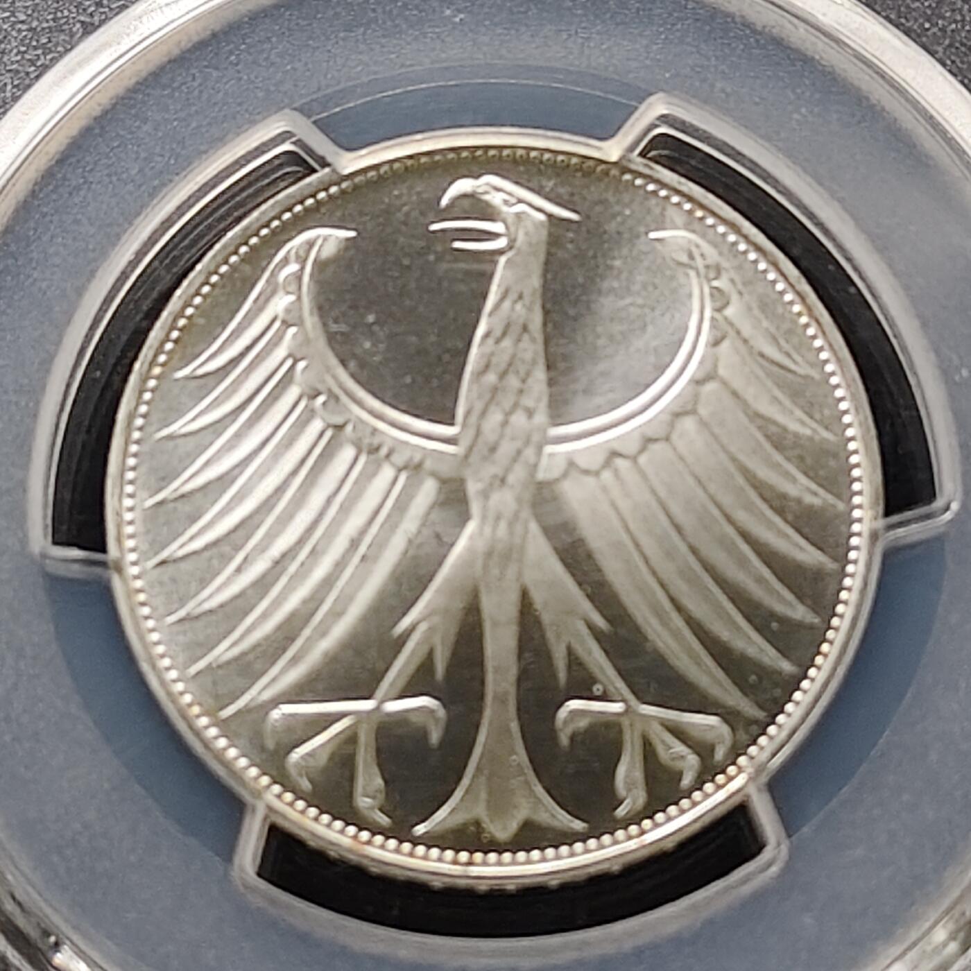 【全场包邮】纯粹捡漏拍489场（免费代拍第26场） 【收藏级·亚军分】德国联邦德国1974年5马克G厂飞鹰（29毫米11.2克）银币-PCGS MS67（更高分仅3枚）