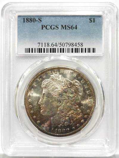博洋堂世界钱币拍卖第154期（全场包邮） - PCGS MS64 美国1880年S版摩根$1银币 币面人面呈现渐变五彩包浆 过渡自然 鹰面则细腻凝霜 品相近乎完美 细节表现远超部分65 品相