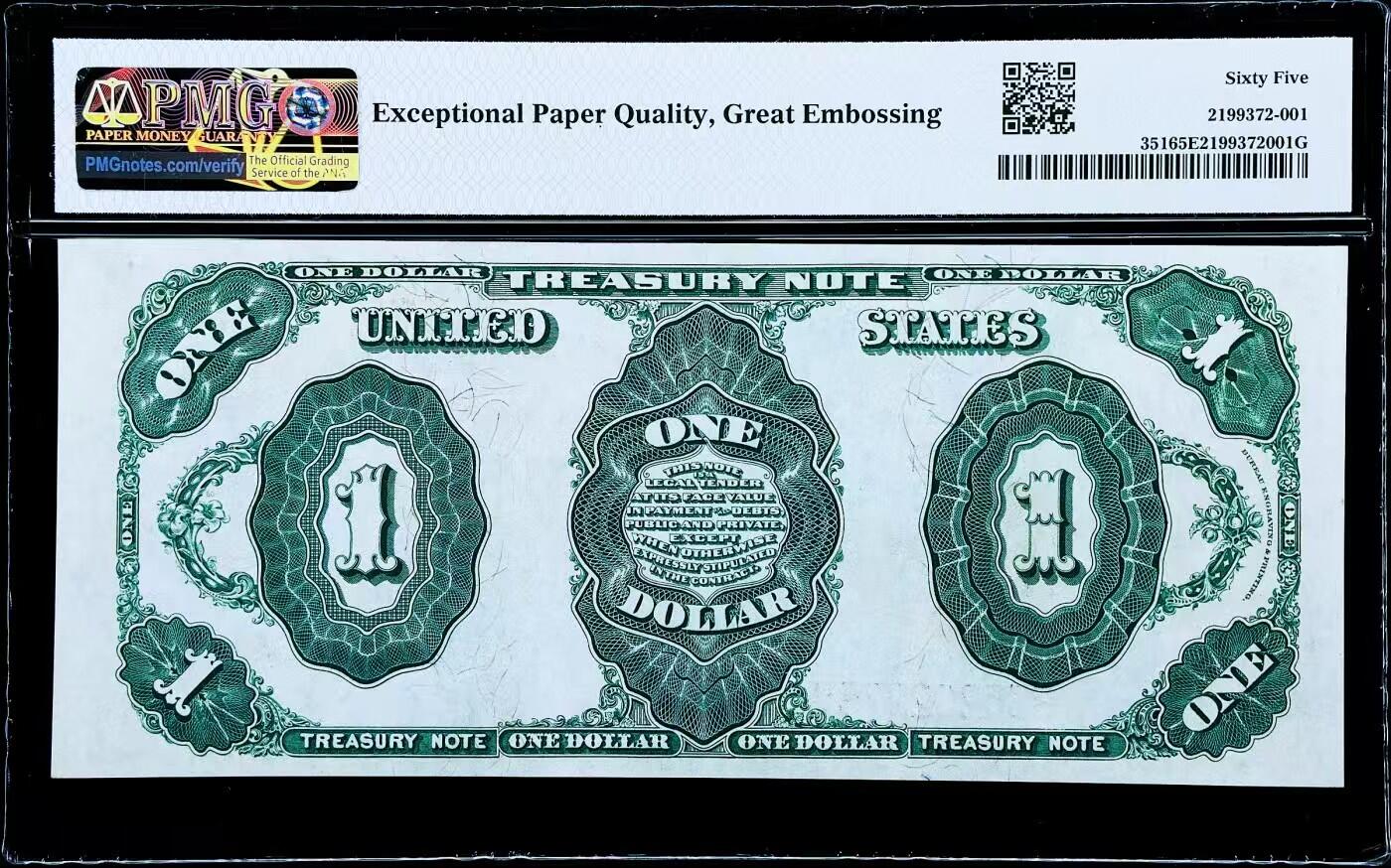 【Blue Auction】世界纸币精拍第768期——18级TOP拍卖/信誉/品质/专业/高效💫  【背标Great Embossing相当于带星星 罕见】美国 1891年1美金 PMG65EPQ 绝品 人物为林肯政府时期陆军部长、司法部长斯坦顿 同时也是林肯去世时陪伴在他床边的人之一 大胡子极致雕刻 超大票幅 花果纹饰 精美绿钞 该张纸币凹凸感极佳 油墨非常鲜亮 四角尖尖