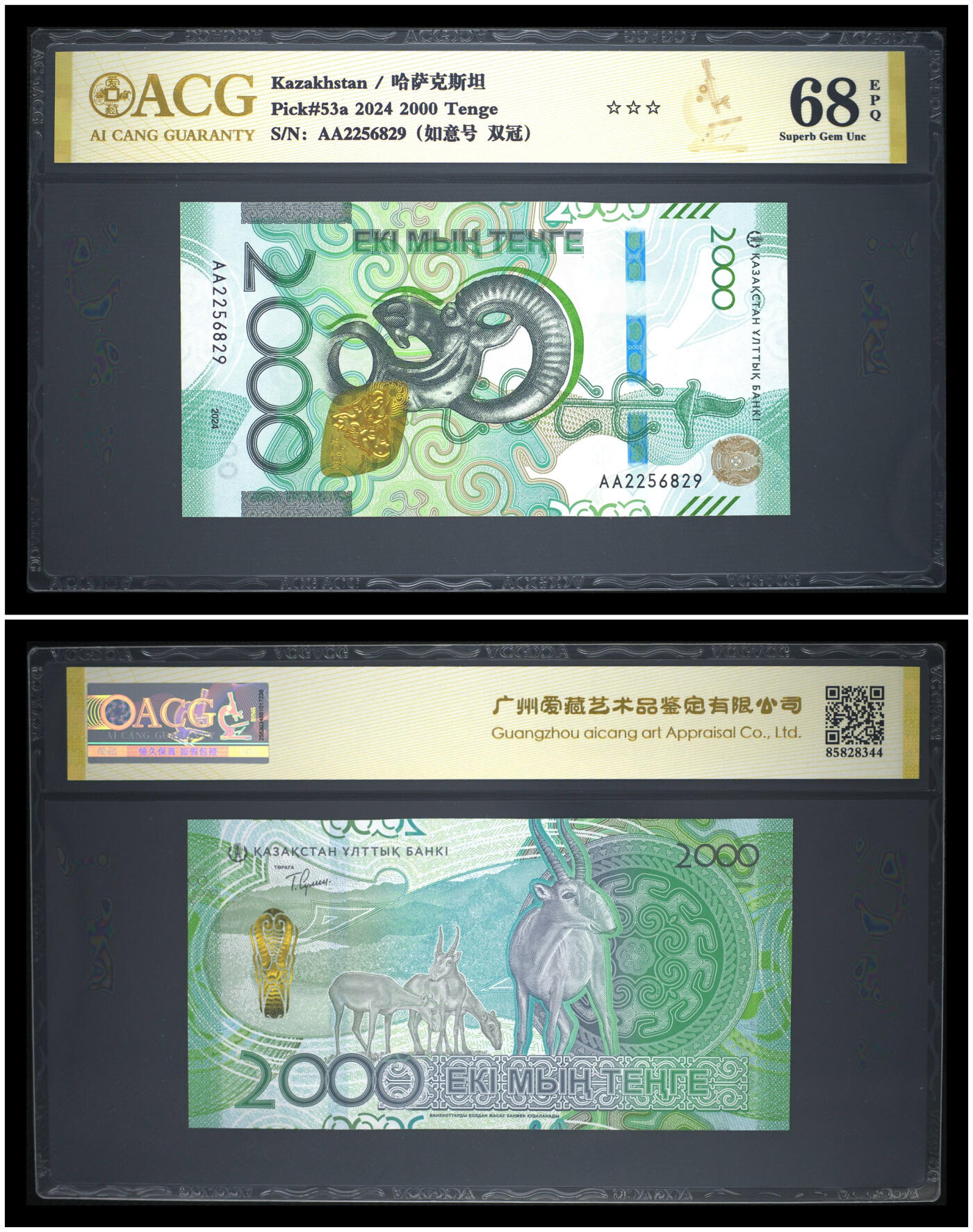 《艾美收藏》第226期-12.28周日外币精品场-蛇年收官 (4张)哈萨克斯坦2024年首发AA冠1000-10000坚戈全套爱藏评级高分无347难得