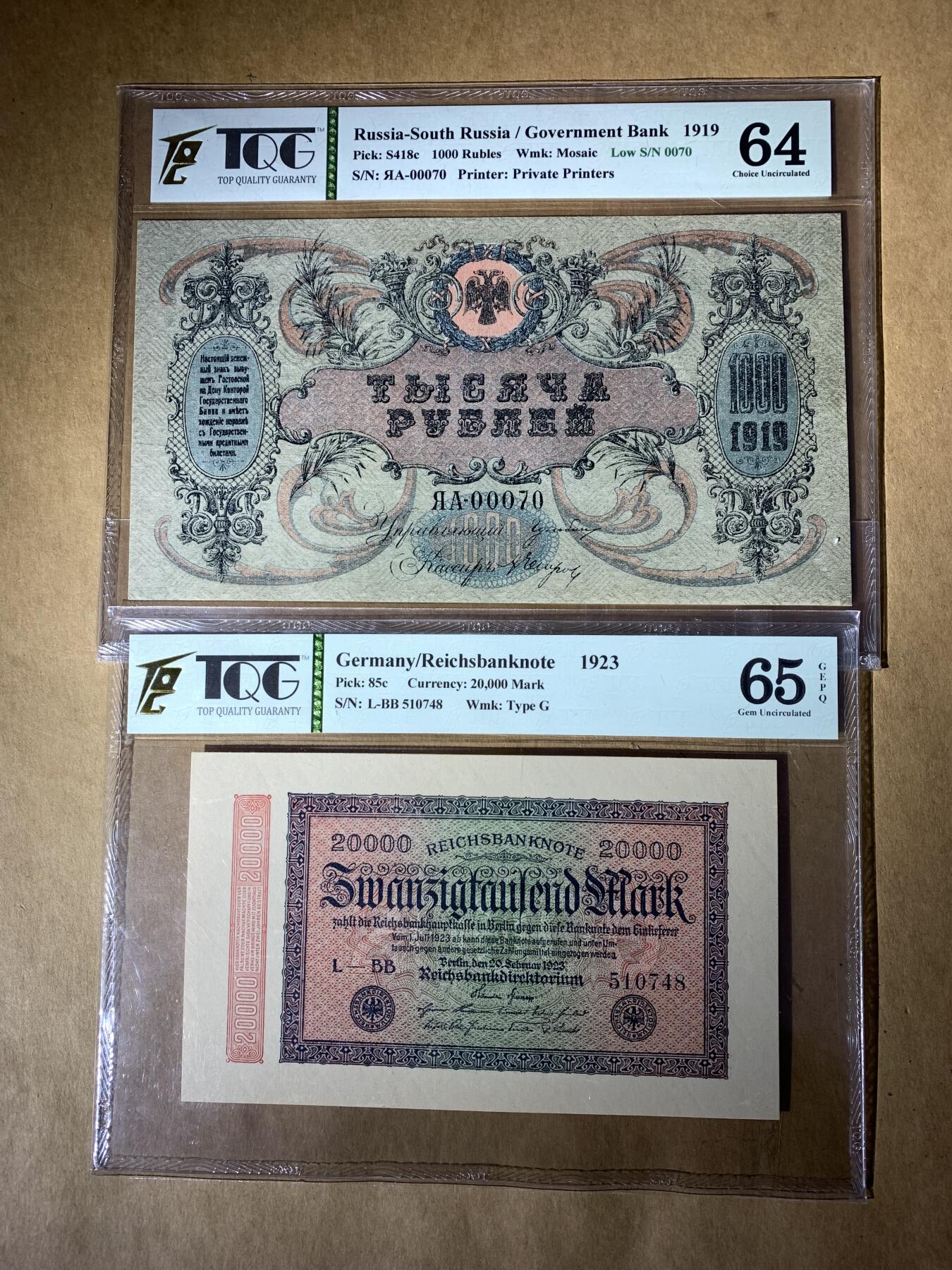 【礼羽收藏】🌏世界钱币拍卖第118期 TQG评级66分1962年德国马克20000元纸币 TQG评级64分1919年俄罗斯1000元纸币