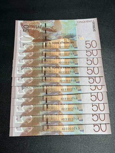 《外钞收藏家》第五百九十七期（年底收官场）（本平台长期征集拍品、欢迎藏友们联系合作） - 圣多美和普林西比50 10连号 全新UNC