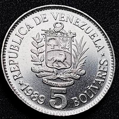 泉币菌-第155场-精品福利场 - 原光UNC 委内瑞拉1989年5玻利瓦尔  大个币    Nickel Clad Steel, 31 mm.