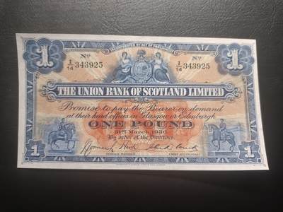 2025十二月第五期，总210期 - 苏格兰联合银行1936年1镑AUNC，已经消失的银行，稀有战前苏格兰品种，骑马像