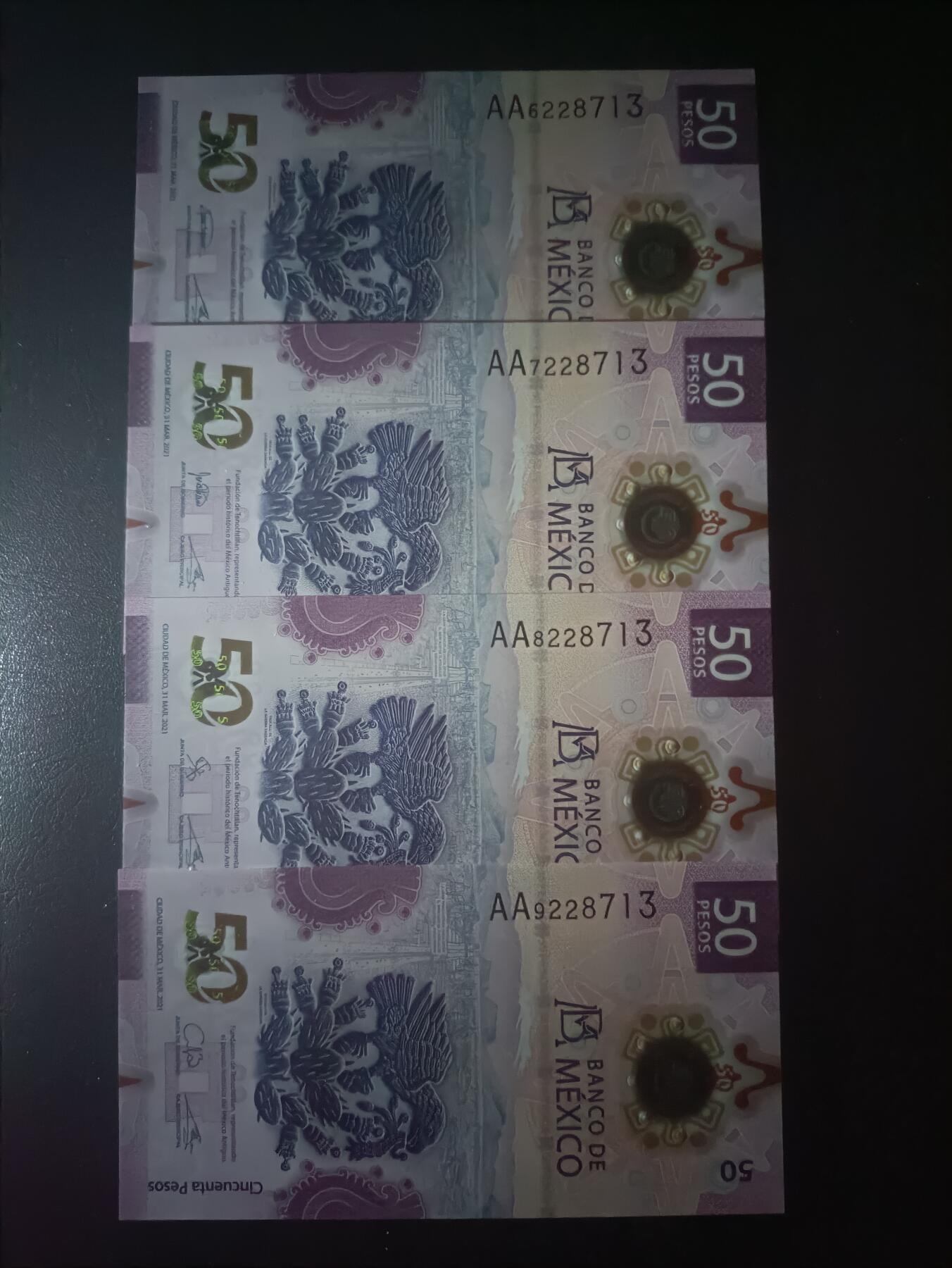 2025十二月第五期，总210期 墨西哥2021年50比索UNC批量四张，第一位6.7.8.9顺位其余号码全同号套装