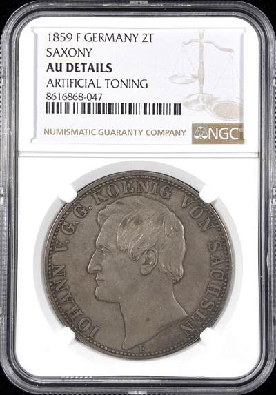 【雨安】【直播拍卖】【世界币章122期-评级币】2025-12-27 周六 19:30 保真 - [评级德国] Germany 德国 德意志 2泰勒 Saxony萨克森 Thun.338 KM#1195 约翰.小纹章 1859年  NGC-AU