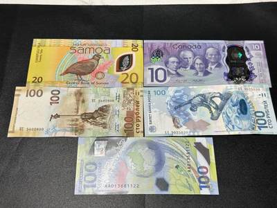 《外钞收藏家》第五百九十七期（年底收官场）（本平台长期征集拍品、欢迎藏友们联系合作） - 萨摩亚20无47千位号+加拿大10元+三张100卢布 一起 全新UNC