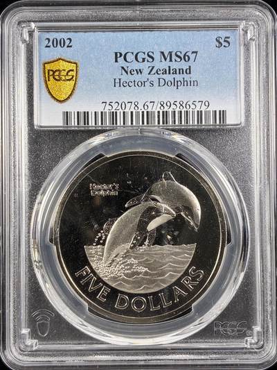 【雨安】【直播拍卖】【世界币章122期-评级币】2025-12-27 周六 19:30 保真 - [评级现代] New Zeeland 新西兰 5元 2002年 海豚  PCGS-MS67