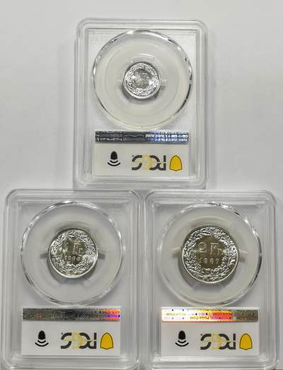 博洋堂世界钱币拍卖第154期（全场包邮） PCGS MS65 瑞士1966/67年1/2法郎、1法郎、2法郎银币3枚一组