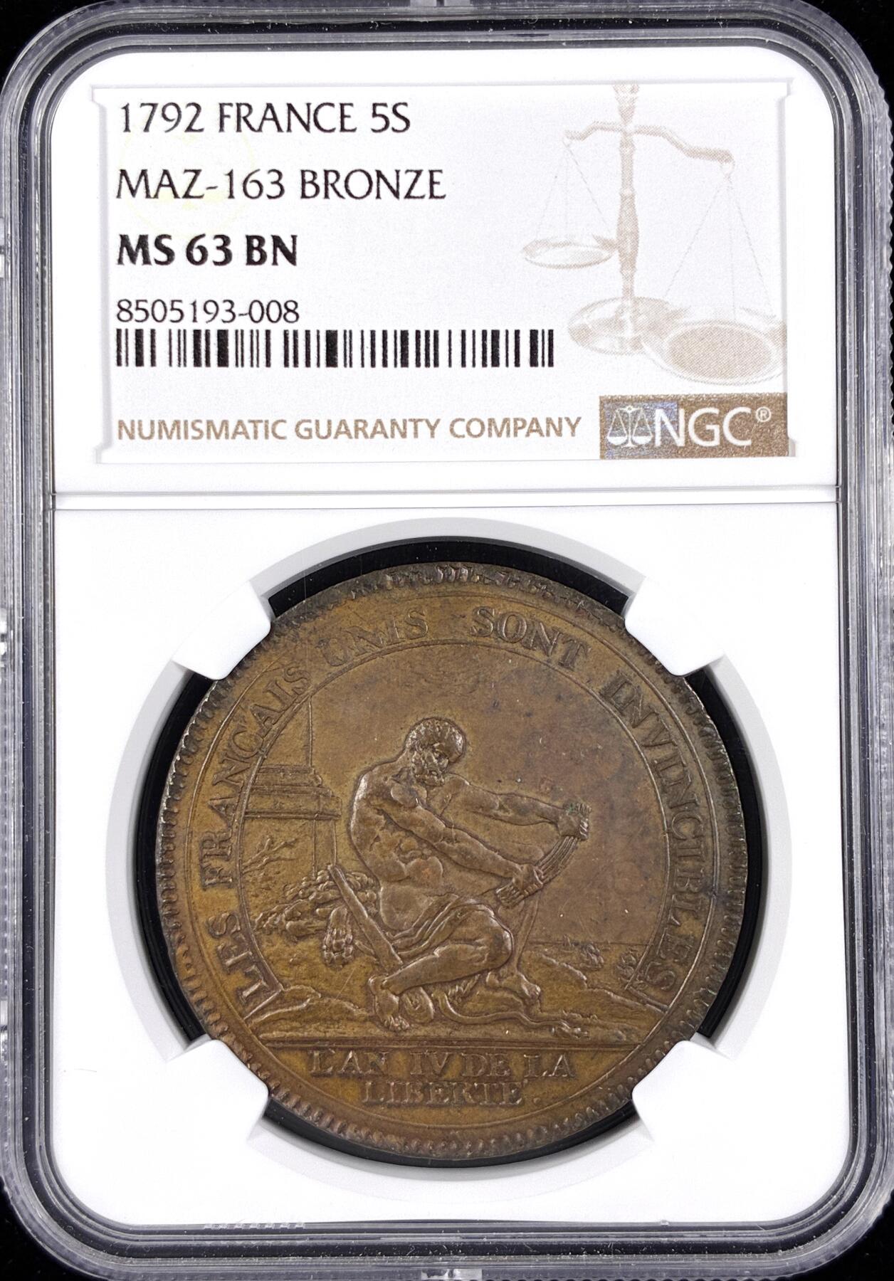 【雨安】【直播拍卖】【世界币章122期-评级币】2025-12-27 周六 19:30 保真 [评级法国] France 法国 Token 5索尔 1792年 Maz-163  NGC-MS63