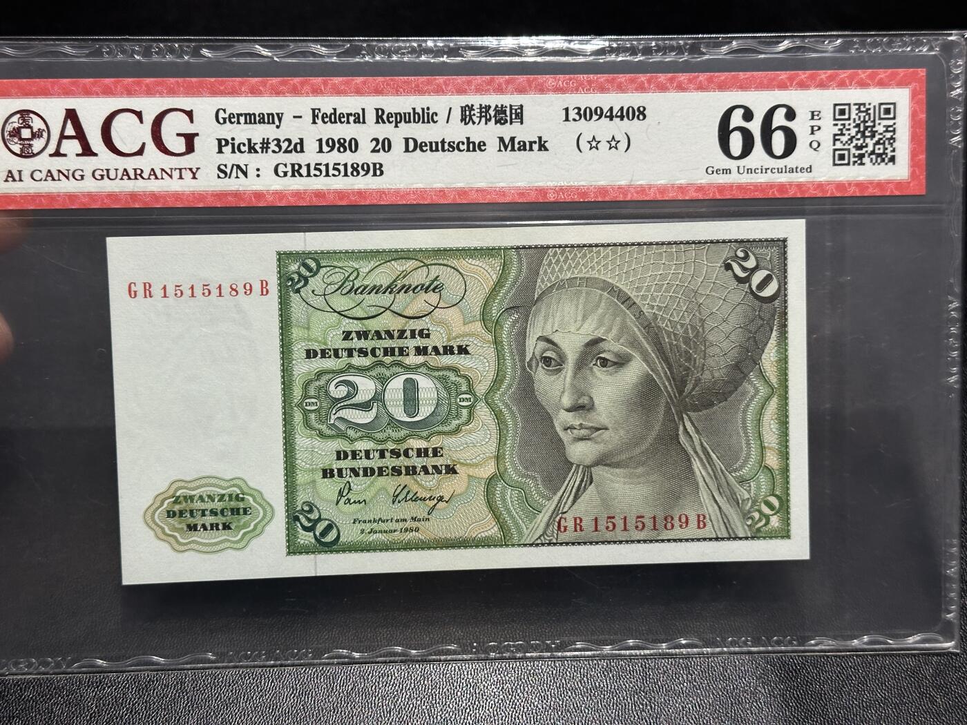 《外钞收藏家》第五百九十七期（年底收官场）（本平台长期征集拍品、欢迎藏友们联系合作） 1980年德国20马克 爱藏评级66 无47靓号