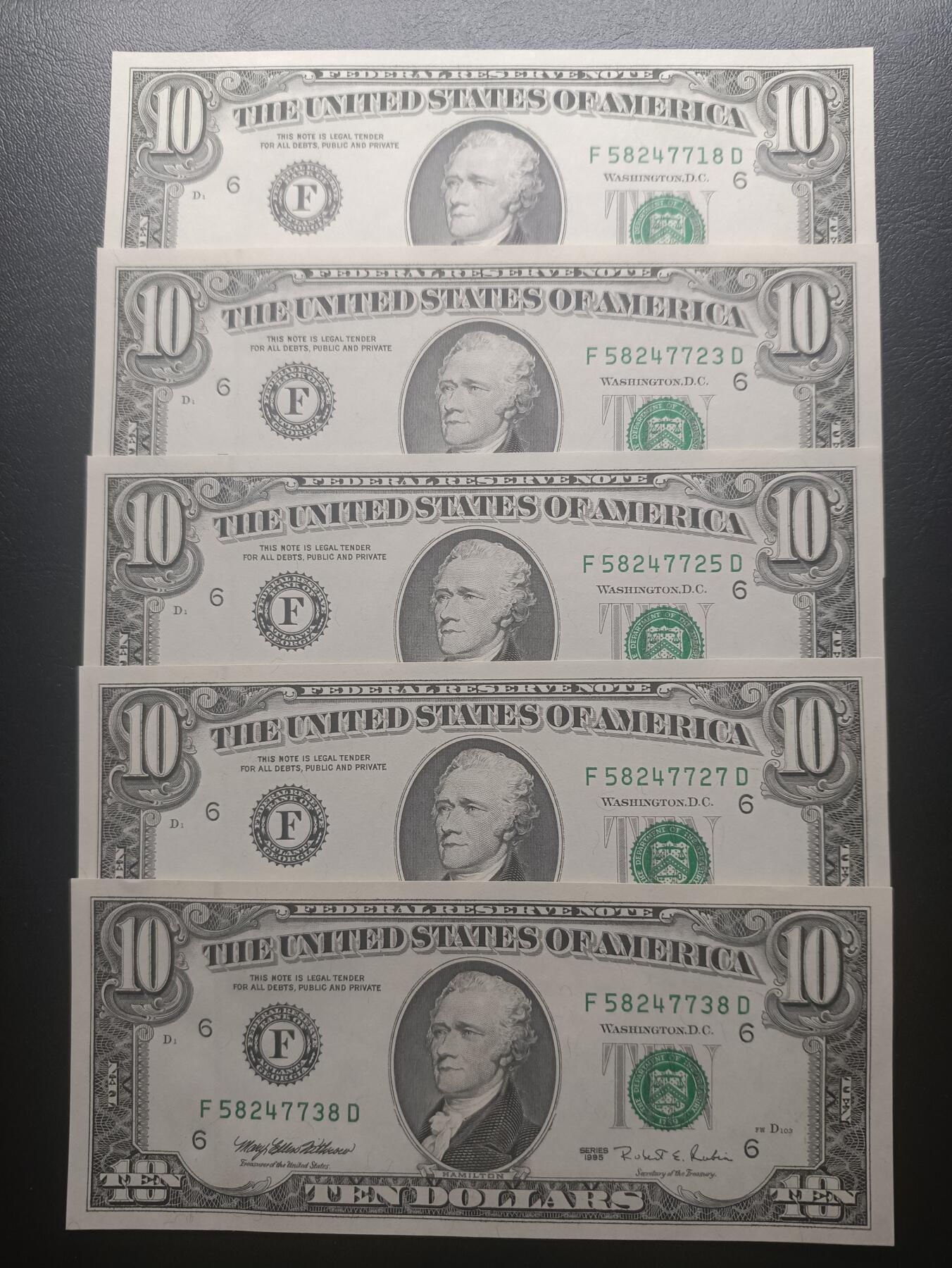 2025十二月第五期，总210期 美国1995年版10元UNC批量五张，佐治亚州亚特兰大联邦储备区印刷