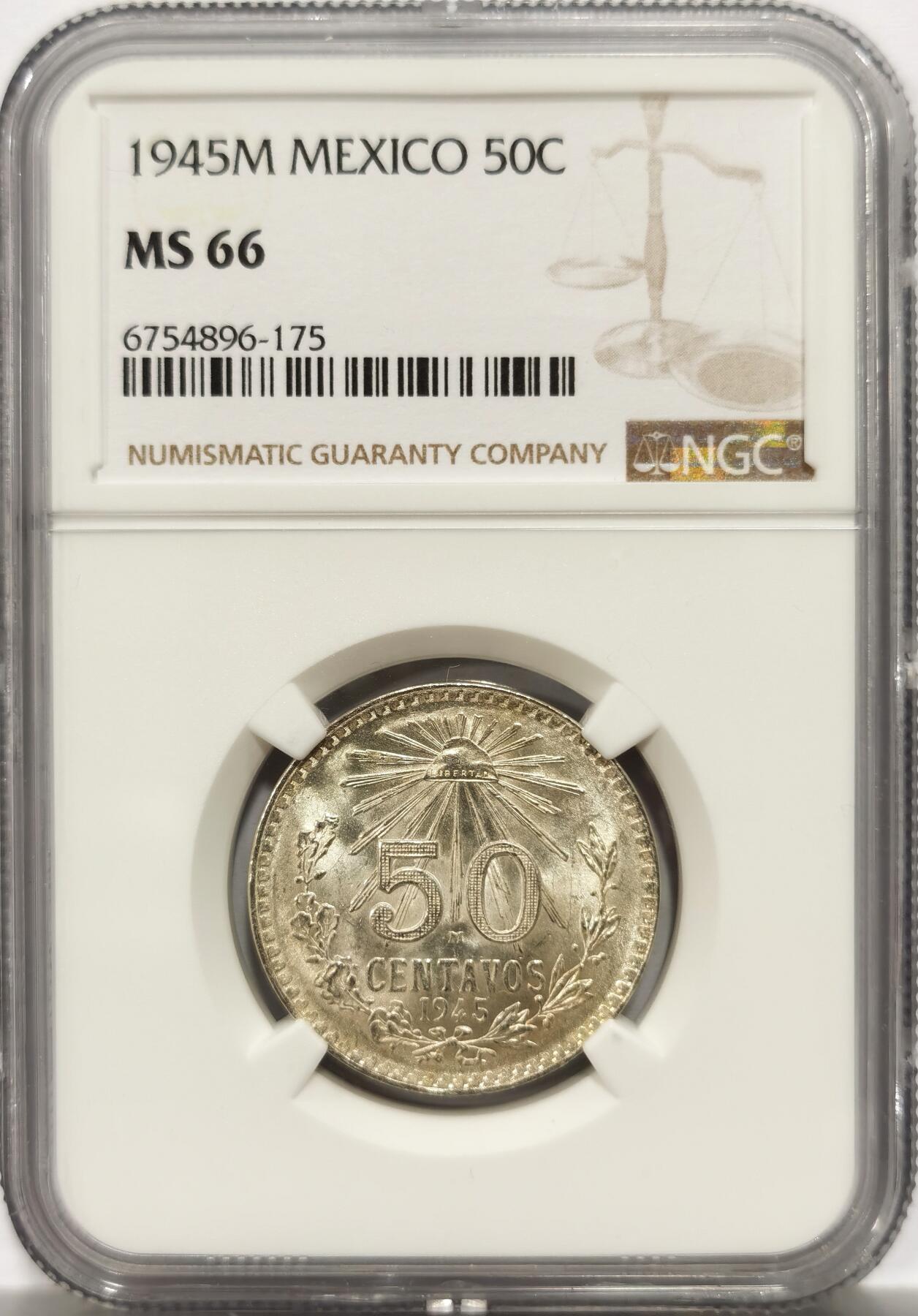 博洋堂世界钱币拍卖第154期（全场包邮） NGC MS66 墨西哥1945年50分鹰洋银币，高分难得-1