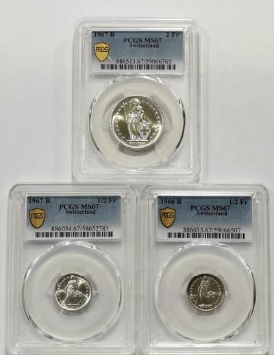 博洋堂世界钱币拍卖第154期（全场包邮） - PCGS MS67 瑞士1966/67年1/2法郎、2法郎银币3枚一组