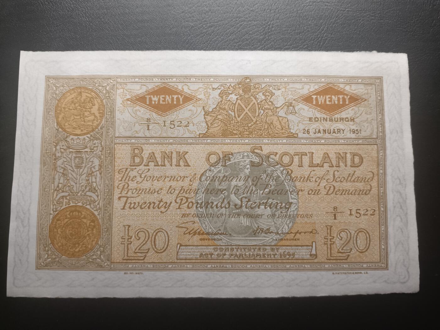 2025十二月第五期，总210期 苏格兰银行1951年20镑AUNC，极稀有高面值大票幅，经典的白色英镑风格做工防伪技术（波浪边和精细水印），难得一见