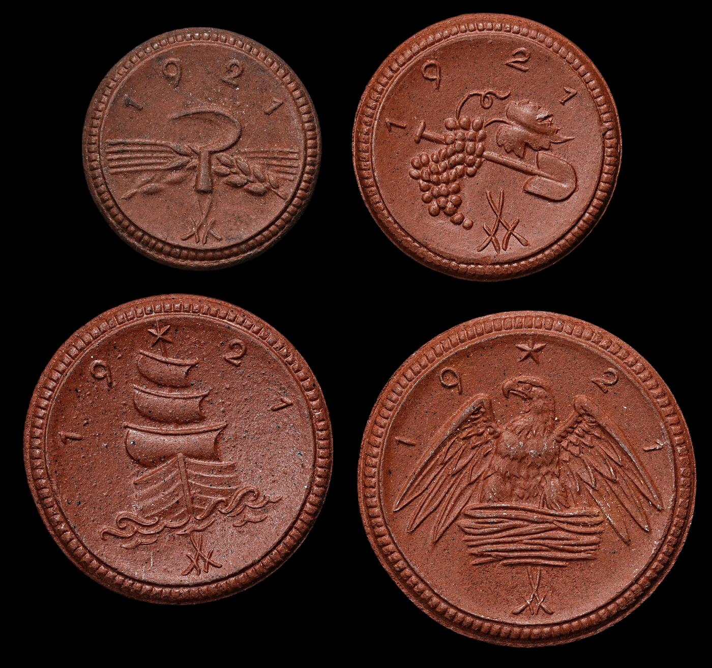 修遠堂世界钱币第九十九期 1921年德国紧急时期萨克森陶瓷币四枚 完全未流通