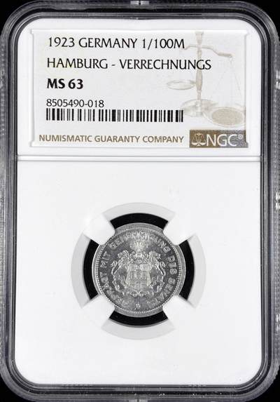 【雨安】【直播拍卖】【世界币章122期-评级币】2025-12-27 周六 19:30 保真 - [评级德国] Germany 德国 德紧 汉堡 1/100马克 1923年  NGC-MS63
