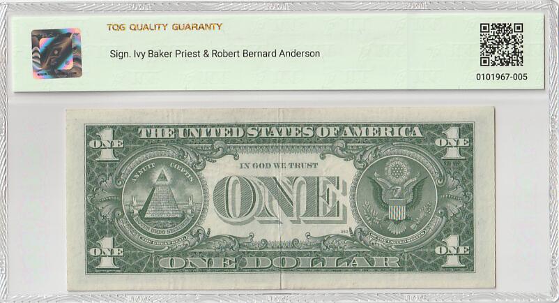 2025十二月第五期，总210期 美国1957年版银币券1元TQG40分，由于正面挤纸失误造成了一种有趣的露白错版品种