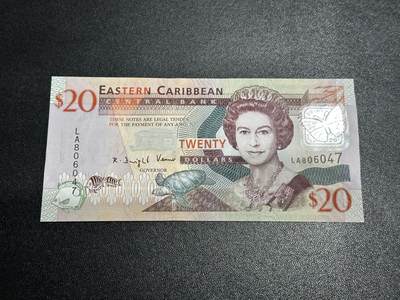 《外钞收藏家》第五百九十七期（年底收官场）（本平台长期征集拍品、欢迎藏友们联系合作） - 东加勒比女王钞20元 全新UNC