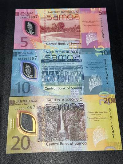 《外钞收藏家》第五百九十七期（年底收官场）（本平台长期征集拍品、欢迎藏友们联系合作） - 萨摩亚5、10、20面额3张 首发冠全同号1997号 全新UNC