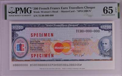 PMG美元 - 美国运通旅行支票票样200 French Francs Euro Travellers Cheque Wmk: Woman's Head