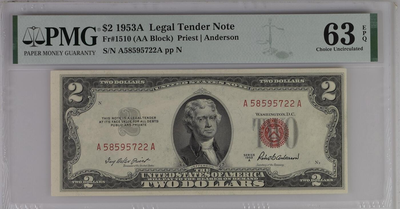 PMG美元 AA首发冠A58595722A(大斜切）2美元红库印战争券Legal Tender Note, $2 1953A Small Size