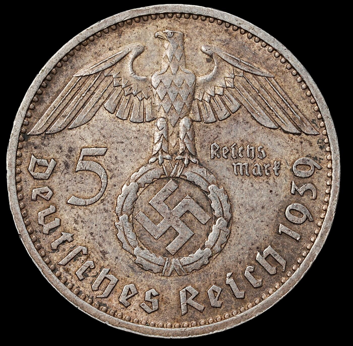 修遠堂世界钱币第九十九期 1939年德国兴登堡5马克银币 J厂铭，13.83g，含银90%