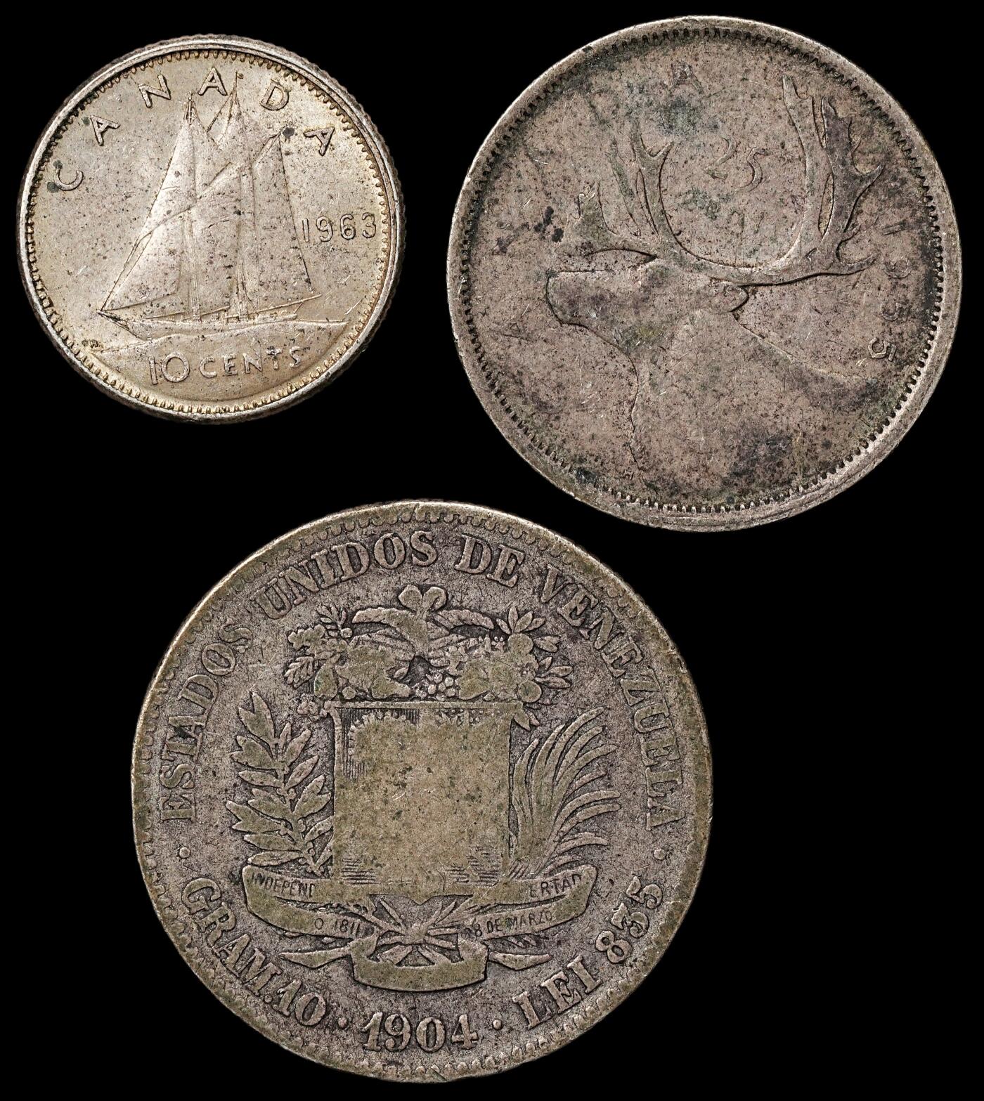 修遠堂世界钱币第九十九期 加拿大，委内瑞拉银币3枚 总重17.82g，含银80-83.5%