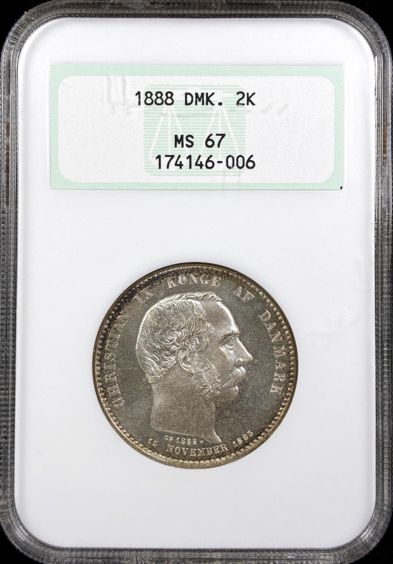 【雨安】【直播拍卖】【世界币章122期-评级币】2025-12-27 周六 19:30 保真 [评级欧洲] Denmark 丹麦 2克朗 1888年 克里斯蒂安九世  NGC-MS67 凝霜粉光 亚军分, 更高分数仅1枚