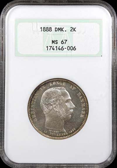 【雨安】【直播拍卖】【世界币章122期-评级币】2025-12-27 周六 19:30 保真 - [评级欧洲] Denmark 丹麦 2克朗 1888年 克里斯蒂安九世  NGC-MS67 凝霜粉光 亚军分, 更高分数仅1枚