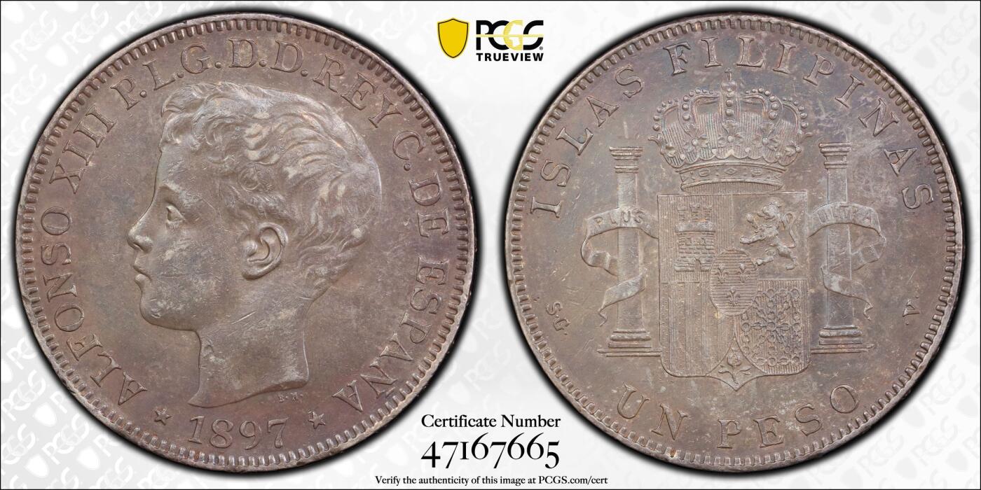 博洋堂世界钱币拍卖第154期（全场包邮） PCGS AU55 1897年西属菲律宾1比索银币 无比震撼的双面满酱彩，标准的的南亚户出老包浆。大自然的鬼斧神工，百年风雨沉淀出的状态堪称艺术品。底板状态上佳，重评有机会加分的状态。这个品种au55分是一道坎，博洋堂同分白币曾有3800+成交