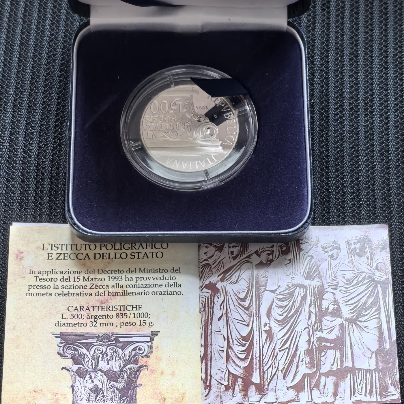 道一币馆币章第一百六十二场 原盒证 意大利1993年古罗马诗人贺拉斯（名言-好的开始是成功的一半）500里拉精制银币 10000