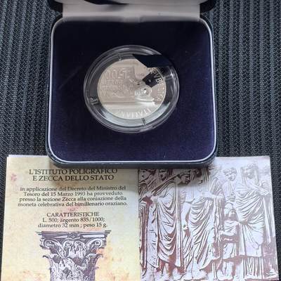 道一币馆币章第一百六十二场 - 原盒证 意大利1993年古罗马诗人贺拉斯（名言-好的开始是成功的一半）500里拉精制银币 10000