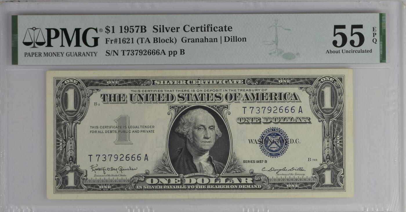 PMG美元 豹子6序列号:T73792666A 1美元蓝库印银圆券Silver Certificate, $1 1957B Small Size