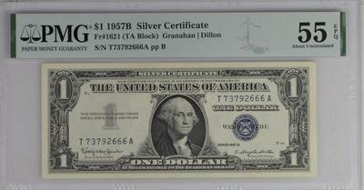PMG美元 - 豹子6序列号:T73792666A 1美元蓝库印银圆券Silver Certificate, $1 1957B Small Size
