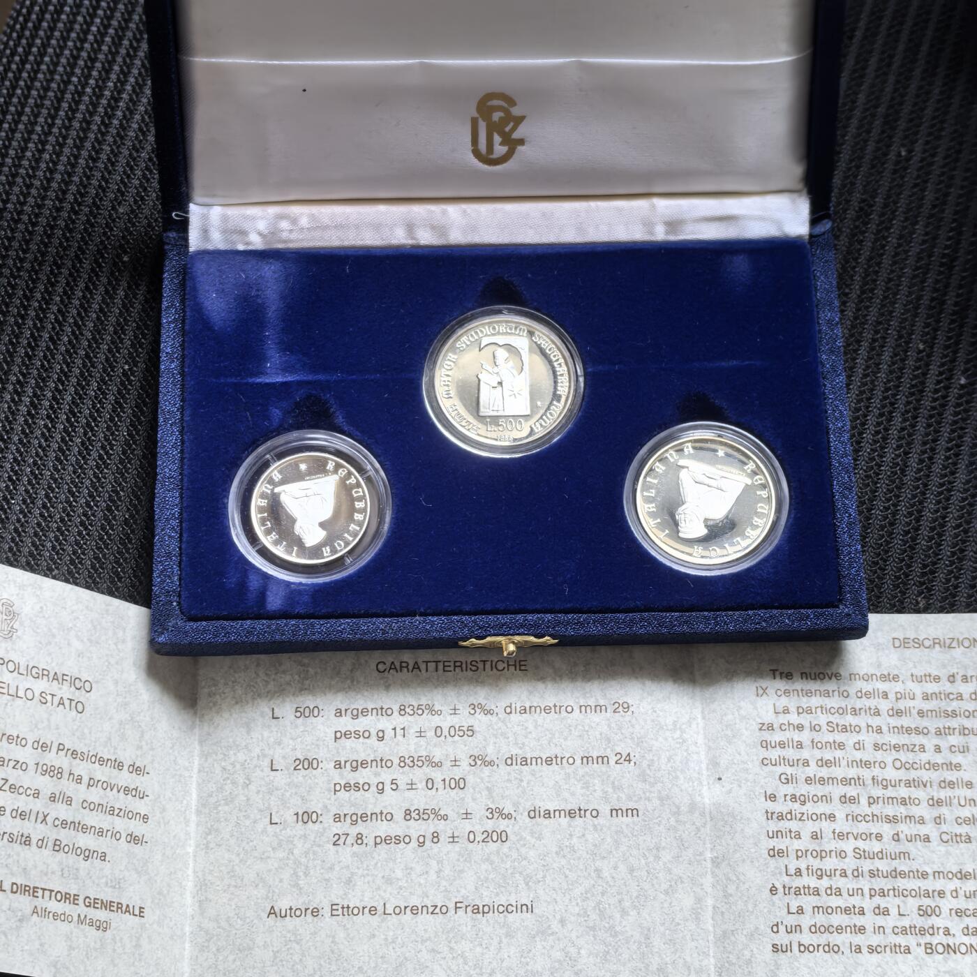 道一币馆币章第一百六十二场 原盒证 意大利1988年博洛尼亚大学900周年精制纪念银币三枚套  13000