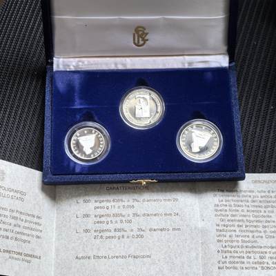 道一币馆币章第一百六十二场 - 原盒证 意大利1988年博洛尼亚大学900周年精制纪念银币三枚套  13000