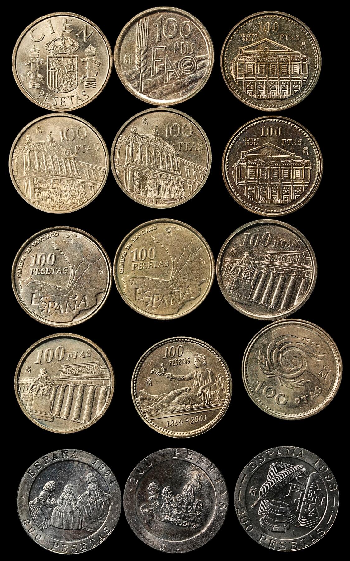 修遠堂世界钱币第九十九期 西班牙现代100，200比塞塔一组 大部分是纪念币，基本都未流通