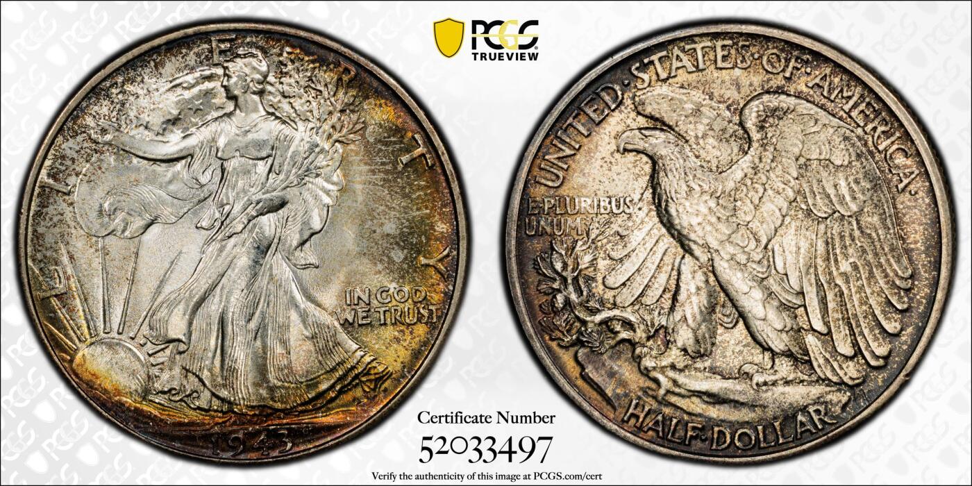 博洋堂世界钱币拍卖第154期（全场包邮） PCGS MS66+ 美国1943年行走女神半美元银币，极美月牙五彩