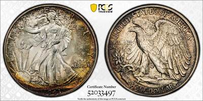 博洋堂世界钱币拍卖第154期（全场包邮） - PCGS MS66+ 美国1943年行走女神半美元银币，极美月牙五彩