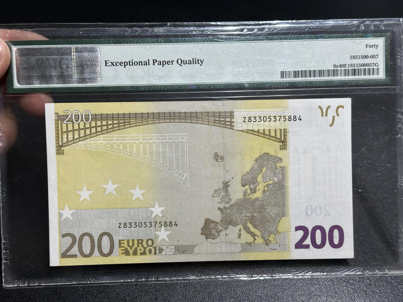 《外钞收藏家》第五百九十七期（年底收官场）（本平台长期征集拍品、欢迎藏友们联系合作） 2002年一签200欧元 PMG40E 比利时版