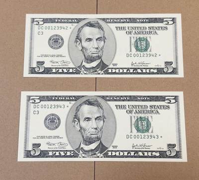 【礼羽收藏】🌏世界钱币拍卖第117期 - 03年大头5美元补号两张连号全新unc品相