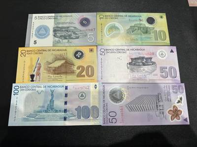 《外钞收藏家》第五百九十七期（年底收官场）（本平台长期征集拍品、欢迎藏友们联系合作） - 尼加拉瓜5-100面额 六张一起 50面额有两个版本 有两张是纪念钞 全新UNC A冠/A1冠 100面额有点剪裁瑕疵