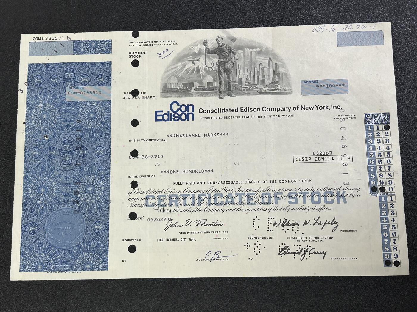 西秦中古拍卖第七十期 美国联合爱迪生老股票