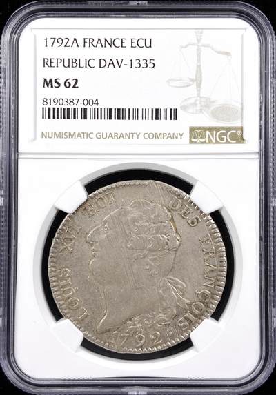 【雨安】【直播拍卖】【世界币章122期-评级币】2025-12-27 周六 19:30 保真 - [评级法国] France 法国 1埃居 KM#0615 DAV-1335 路易十六 天使埃居 1792年  NGC-MS62