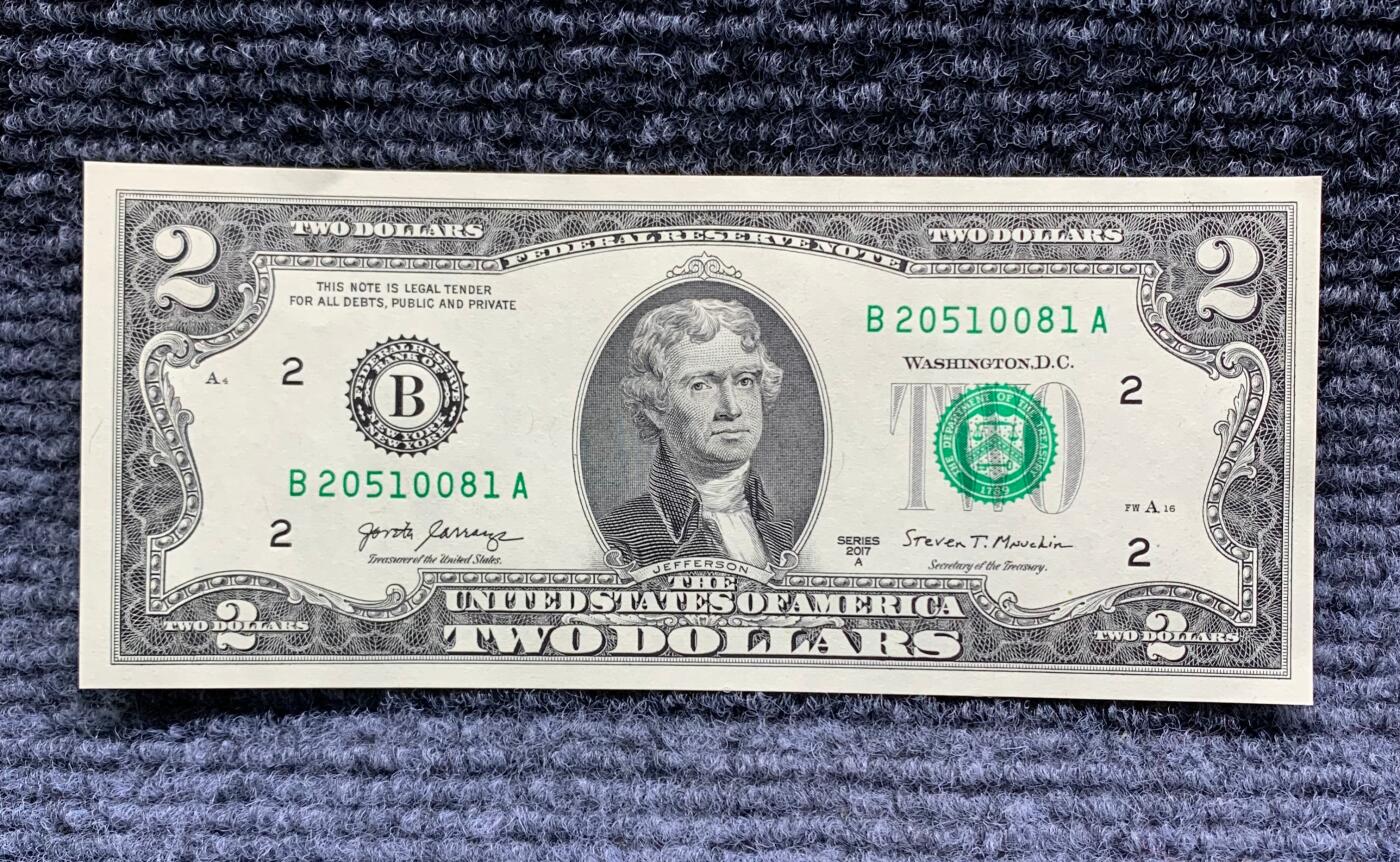 【无47】全新2017A年版美国托马斯·杰斐逊2美元纸币(年份号、钻石号）